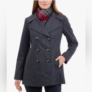 LONDON FOG womens Double Breasted Peacoat With Scarf, Dark Grey, Small